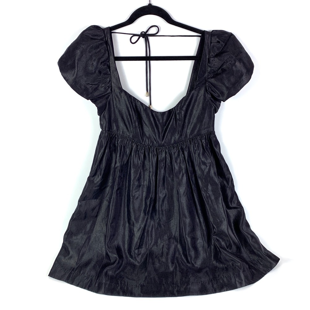 Free People Vita Mini Dress Sz 6 Black Empire Waist Sweetheart Neck Puff Sleeves